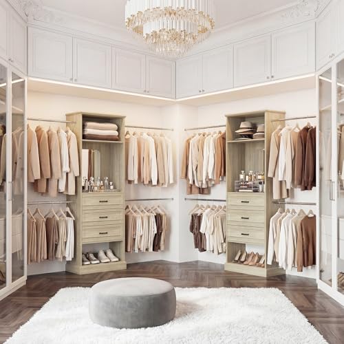 Unikito Closet System, 4FT - 9FT Closet Organizer with Mirror, Luxury Walk in Closet Insert with Drawers and 4 Hanging Rods, Sturdy Wood Wardrobe Closet Garment Rack with 25” Tower, White Oak - color: White Oak