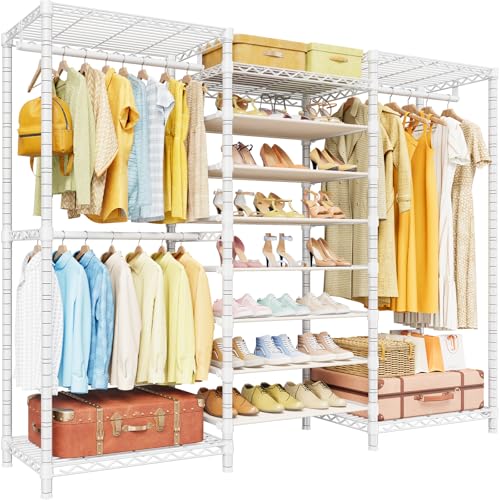 ULIFHOME E16 Heavy Duty Clothing Rack（With 7-Tier Adjustable Shoe Rack） Freestanding Clothes Rack for Hanging Clothes，Metal Closet Storage Organizer Large Wardrobe，69'' W x 15.8'' D x 76.2'' H，White - color: White