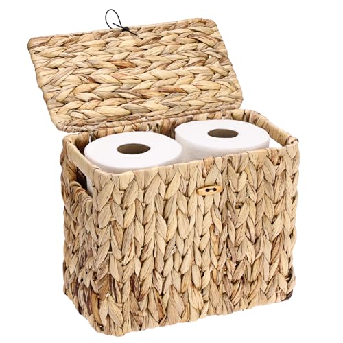 Sumnacon Toilet Paper Basket, Wicker Water Hyacinth Toilet Paper Holder with Handles and Lid, Holds Up to 4 Mega Rolls, Decorative Farmhouse Woven Bathroom Accessories Toilet Tissues Organizer, Small - size: Small