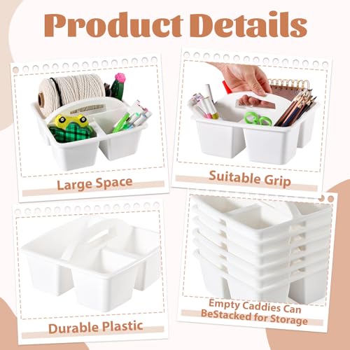 6 Pack Classroom Caddy with Handle Plastic Storage Caddy Organizer with 3 Compartments Desk Caddies Holder Portable Storage Bin for Pencil, Crayon, Marker, Home, Office, School Supplies(White) - color: White