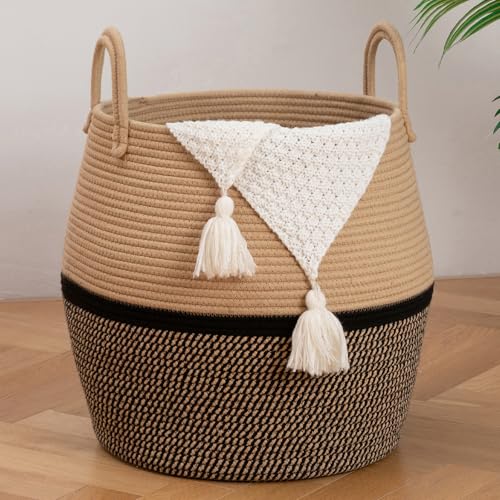 OIAHOMY 60L Blanket Basket with Handle, Storage Basket for Living Room, Laundry Hamper for Clothes, Towels, Pillows, Toy Storage for Kids and Dogs, Baby Hamper for Nursery - Brown & Black - color: Brown & Black, size: 60L