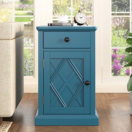 Multifunctional Classic Vintage End Table with USB Ports and 1 Drawer with Cup Holders, Sofa Side Narrow Table with Storage, Bedside Nightstand for Living Room Bedroom (Navy Blue-4.3) - color: Navy Blue-4.3