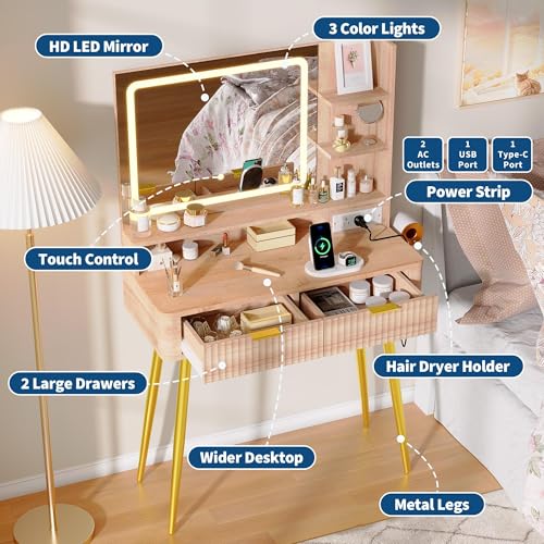 Garvee Makeup Vanity Desk with Mirror and Lights, Fluted Design, 31 in Small Storage Cabinet & 2 Drawers, 3 Lighting Modes, Stylish Dressing Table for Bedroom - color: Wood