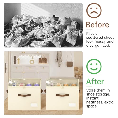 Shoe Organizer for Closet, 2 Pack Shoe Organizer with Clear Cover, Closet Shoe Storage Containers w/Adjustable Dividers, Foldable Storage Bins for Shoes, Fits 16-32 Pairs, Beige - color: 2Pack Beige