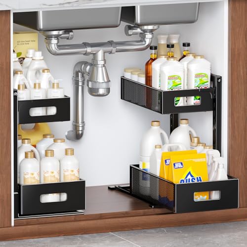 TISTAYA 2 Pack Under Sink Organizer and Storage, Metal Under Kitchen Sink Organizer, Slide Out Bathroom Organizers and Storage, Undersink Organizers for Kitchen Bathroom Cabinet - color: Black, size: XL-2PC