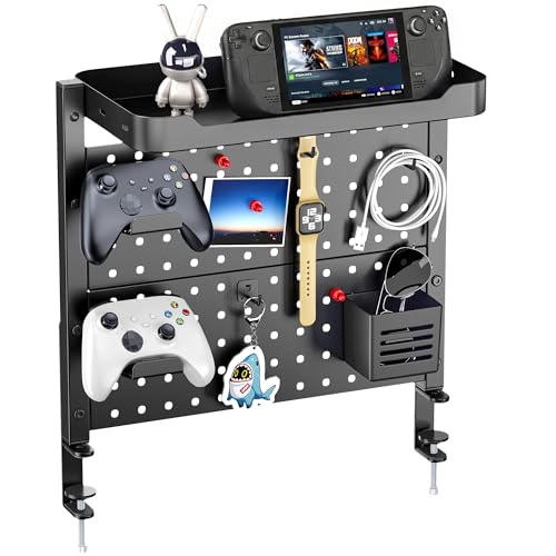 ARES WING Desk Clamp On Pegboard with 16 inches Organizer Shelf, Adjustable Above or Under Desk Storage Shelf Holds 44 lbs, Magnetic Metal Peg Board for Office and Gaming Accessories, Black - color: Black, size: Pegboard Shelf