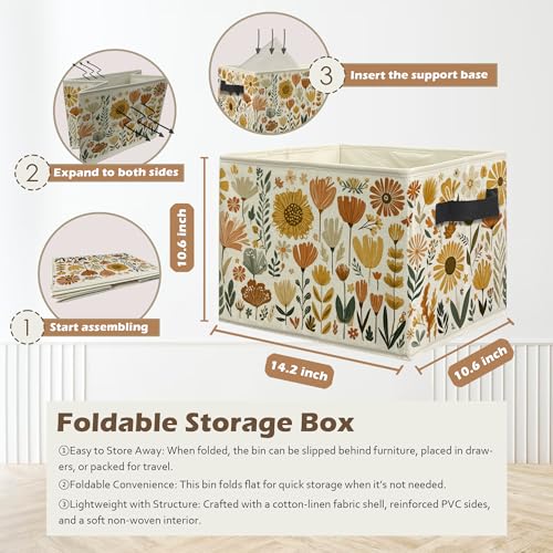 Boho Floral Storage Box Bins, Cottagecore Country Wildflower Botanical Collapsible Storage Basket Organizer for Bedroom Laundry Room Home Clothes Toys Books, Toybox for Girls - color: Floral J