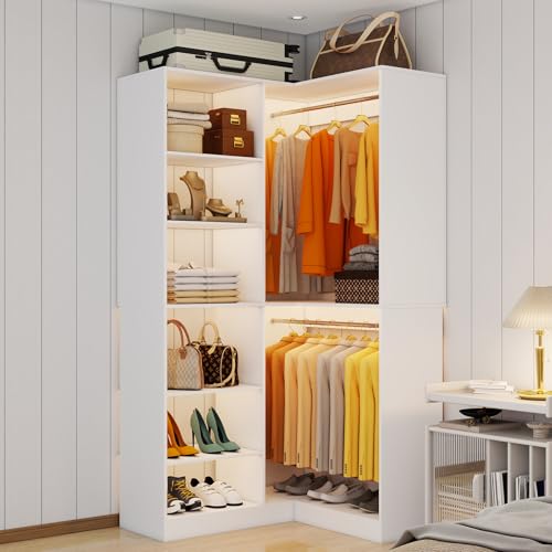 Corner Closet System with 6 Shelves, Custom 39.4"-78.8" Closet Organizer System with 3Hanging Rods, Walk in Corner Closet Organizers and Storage System, Freestanding Closet Storage System Corner,White - color: CL14-White