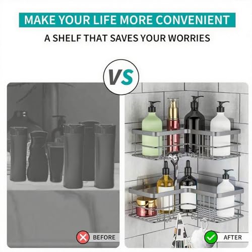 Yazoni Corner Shower Caddy, Adhesive Shower Shelves No Drilling [2-Pack], Rustproof Stainless Steel Bathroom Shower Organizer with 8 Hooks - color: Silver Grey, size: 2 Pcs