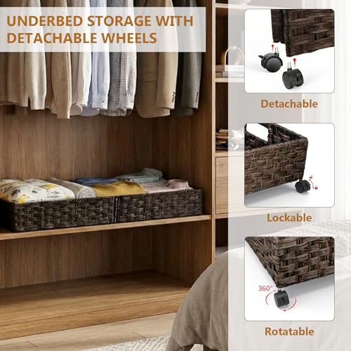 2 Pack Under Bed Storage with Wheels, 40L Large Under Bed Storage Containers with Handwoven Rattan , Rolling Underbed Organizer Bins Drawers for Clothes, Shoes, Blankets, Brown(31.5 x 15.75 x 6.3 In) - style: 2 Pack(A-Brown)