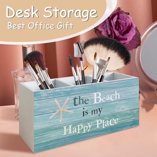 Beach Pen Holder for Home Office Kitchen Desk Decor, the Beach Is My Happy Place Wooden Pencil Holder Sign Organizer for Home Office Desk Accessories, Coastal Gifts for Women Men - color: turquoise