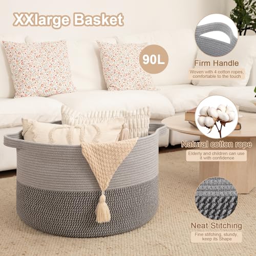 OIAHOMY 90L XXXLarge Blanket Basket for Living Room, 21.7" x 13.8" Woven Cotton Rope Laundry Basket for Organizing Pillows, Decorative Stuffed Animal Toy Storage for Nursery, Lighe Grey and Dark Grey - color: Light Grey and Dark Grey, size: 21.7"D x 13.8"