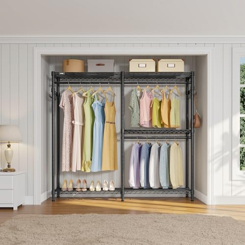 VIPEK V4 Heavy Duty Clothing Rack for Hanging Clothes 810lbs Load Capacity, Double Rod Garment Rack with Adjustable Shelves & Side Hooks, Metal Wardrobe Closet System Easy to Assemble, (Black) - color: Black, style: V4