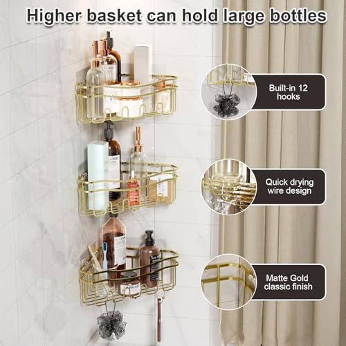 Gold corner shower caddies with depth caddy and Built in 12 hooks rustproof wall mounted No drilling No marring adhesive bathtub corner organizer for bathroom kitchen and laudry room - color: GOLD