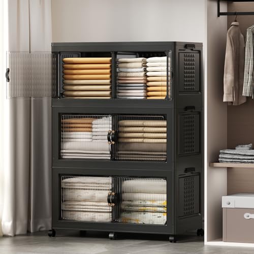 SAILUN 145Gal/579Qt Stackable Storage Bins Folding Collapsible Storage Bins with Lid, Closet Organizers and Storage Box with Door Black 33.5" W x 19" D x 53" H - color: Black, size: 1 Lid 3 Pack-33.5" W x 19" D x 53" H