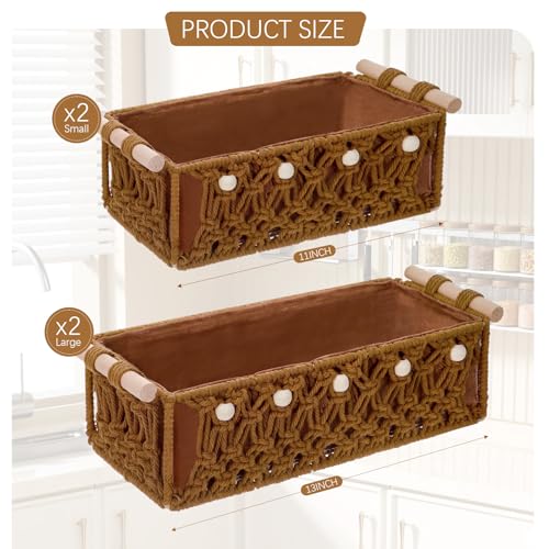 Vesici 4 Pcs Rustic Brown Macrame Storage Basket for Shelves 13 in 11 in Boho Basket Hand Woven Boxes with Wood Handles Beads Decorative Countertop Toilet Tank Cabinet Organizer for Home Room Decor - color: Rustic Brown