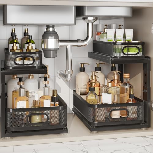 2 Pack Under Sink Organizer With Next-Gen Ball-Bearing Slides,2-Tier Precision Mesh Pull Out Cabinet Shelf Storage for Bathroom&Kitchen,Slide Out Drawers Height Adjustable,Rust-resistant - color: Black, size: 2 Pack-15.5"Dx12.4"-16.5"H