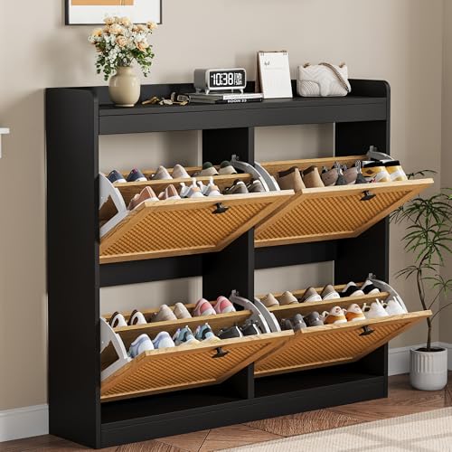 GarveeHome Shoe Cabinet Rattan with 4 Flip Drawers, Wooden Freestanding Shoe Organizer with Adjustable Shelves, Shoe Storage for Entryway, Closet, Hallway - color: Black, size: 4-Drawers