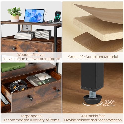 Edbuosy 27 Inch Wide Night Stand with Charging Station, Wood Nightstand with Open Shelf, Large Drawer Bedside Table for Living Room/Bedroom/Office (Retro Brown) - color: Retro Brown, size: 1 Drawer