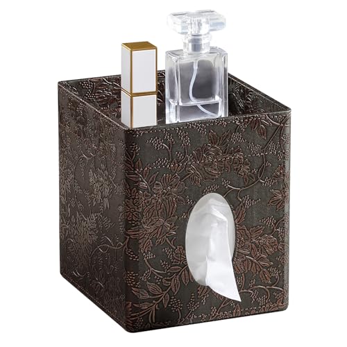 Square Tissue Box Cover, Stylish Leather Tissue Box Holder with Storage Tray, Decorative Tissue Rack Storage Box for Living Room, Bedroom, and Office Desk(Brown Grape Pattern) - color: Brown Grape Pattern