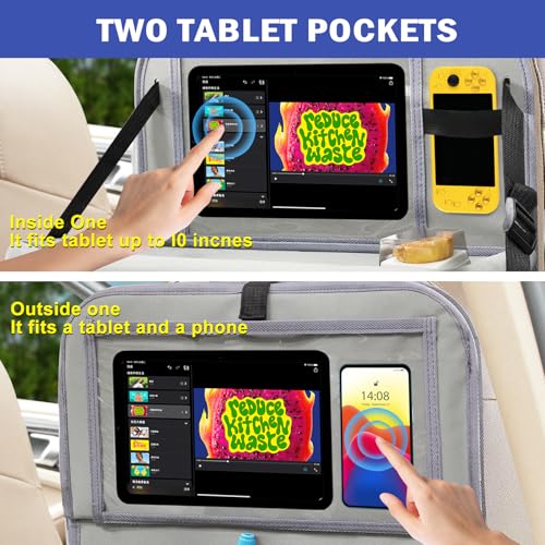 2Pack Car Backseat Organizer with Foldable Table Tray,6 Storage Pockets Car Storage Organizer with Tablet Holder,Car Seat Back Protectors Kick Mats Travel Accessories (Grey) - color: Grey, size: 2 Pack with Food Tray