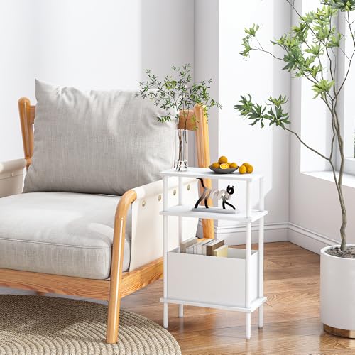 Narrow Side Table with Fabric Basket, End Table for Small Spaces, Slim Nightstand with 3-Tier Storage Shelf, Sofa Beside Table, for Living Room, Bed Room, Natrual White - color: Natrual White