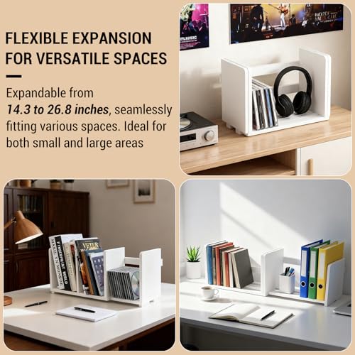 MyGift White Wood Desktop Bookshelf Organizer, Expandable Adjustable Display Shelf Book Rack - color: White