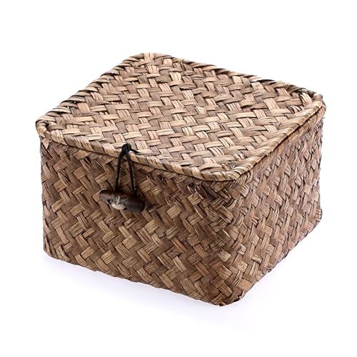 Hipiwe Seagrass Basket with Lid Wicker Storage Basket Square Handwoven Decorative Baskets Box for Shelf Multipurpose Household Baskets Home Decor,X-small - color: Coffee, size: X-small