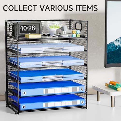 6-Tier Paper Organizer for Desk with Handle, Heavy Duty Metal File Organizer | Stackable Desktop Organizer for Office Supplies, Documents and Stationery Storage - color: Black, size: 12.6" x 9.1" x 13.5"