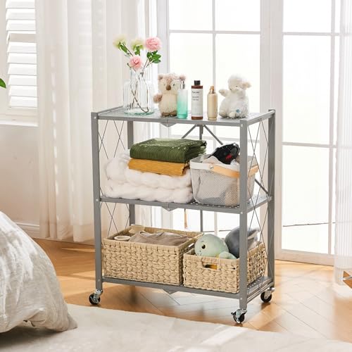 BRIAN & DANY 3-Tier Foldable Storage Shelves with Wheels, No Assembly Folding Shelf Metal Rack, Shelving Unit for Kitchen, Garage, Gray - color: Grey, size: 3-tier