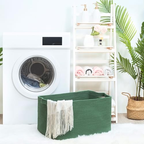 MINTWOOD Design 22in Extra Large Blanket Basket Holder Living Room, Rectangle Rope Woven Storage Basket with Handles for Laundry, Pool Towels, and Shoes, Dog Toy Organizer Bin Box, Forest Green - color: Forest Green