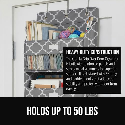GORILLA GRIP Over The Door Organizer Storage, 5 Deep Hanging Shelves, Holds 50lbs, Closet Organizers Shelf for Bedroom, Shoes, Bathroom, Nursery, Dorm Essentials, 58x15 Inches, Quatrefoil - color: Gray Quatrefoil, size: 5 Shelf