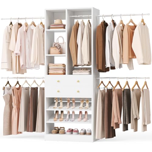 Besiost Closet System, 4.2–8.8 FT Closet Organizer with 2 Wooden Drawers and Shelves, Walk-in Closet System with 5 Hang Rods, Built-in Reach in Closet Tower, Can Fit 60 to 96 inch, White - color: White
