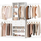 Besiost Closet System, 4.2–8.8 FT Closet Organizer with 2 Wooden Drawers and Shelves, Walk-in Closet System with 5 Hang Rods, Built-in Reach in Closet Tower, Can Fit 60 to 96 inch, White - color: White