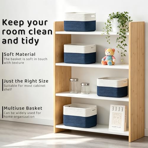 4 Pack Storage Baskets for Organizing, 12''Lx9''Wx8''H Woven Baskets for Storage Toys, Towels, Books, and Clothes, Cotton Rope Basket for Shelves with Handle - color: White & Navy blue