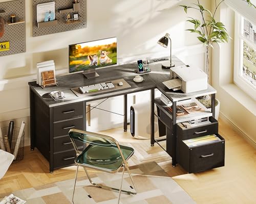 Coleshome L Shaped Computer Desk with 6 Drawers & Power Outlet, 55 Inch Corner Desk with Reversible Storage Shelf & File Drawer, Home Office Desk, Grey Oak - color: Grey Oak, size: 55 Inch