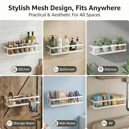 PUSDON 2-Pack 16.5" Extra Long Slim Shower Caddy, Adhesive Wall Mount Bathroom Organizer, Rustproof Open Frame Mesh Spice Rack for Kitchen, Holds 50LBS - White, Guardrail - color: White, size: Minimalist Open (16.5" Extra Long)