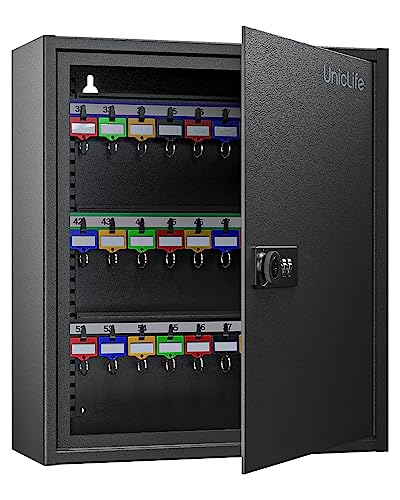 Uniclife 60 Position Key Cabinet Steel Security Storage Box with Combination & Key Lock, Resettable, Digital, Adjustable Racks, Colorful Labels & Hooks - color: Black, size: 60 Keys