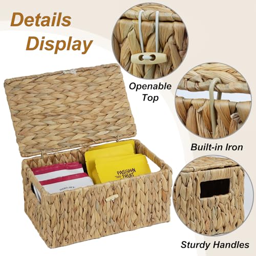 Water Hyacinth Baskets for Organizing, Rectangular Wicker Basket with Lid, Storage Baskets Bins with Built-in Handles for Shelf, Decorative Woven Basket Boxes for Storage Home Organizer Decor - size: 12.2" x 7.8" x 6"