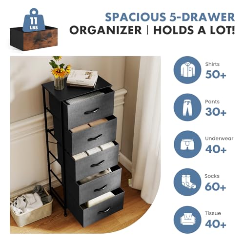 DUMOS Nightstand with 5 Drawers Bedside Table with Removable Fabric Bins Sturdy Steel Frame Wood Top Organizer Furniture for Bedroom Closet Living Room, Grey - color: Grey, size: 15.69"W x 11.8"D x 47.7"H(5 Drawers)