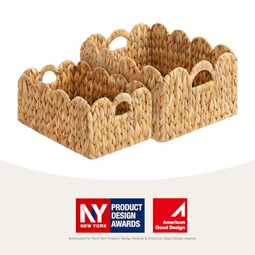 StorageWorks Scalloped Edge Wicker Basket, Hand-woven Rattan Baskets with Built-in Handles, Water Hyacinth Basket for Organizing and Decor, 2 Pack - color: Natural(Water Hyacinth), size: 15" L x 11" W x 7" H