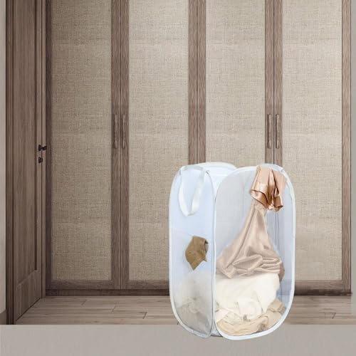 Pop Up Laundry Hamper, Reinforced Mesh Laundry Basket with Handles, Collapsible Clother Hamper with Side Pocket for Home, College Dorm, Travel - White Vertical Storage Basket - color: White
