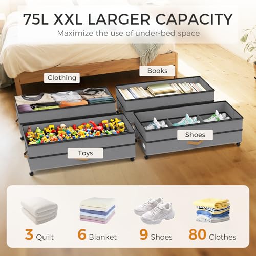 Under Bed Storage with Wheels 4-Pack, 75L XXL Under the Bed Storage Containers Large, 12" Tall Adjustable Storage for Underbed with Lids, Rolling for Shoes, Clothes, Blankets (4PCS-Grey) - color: 4PCS-Grey
