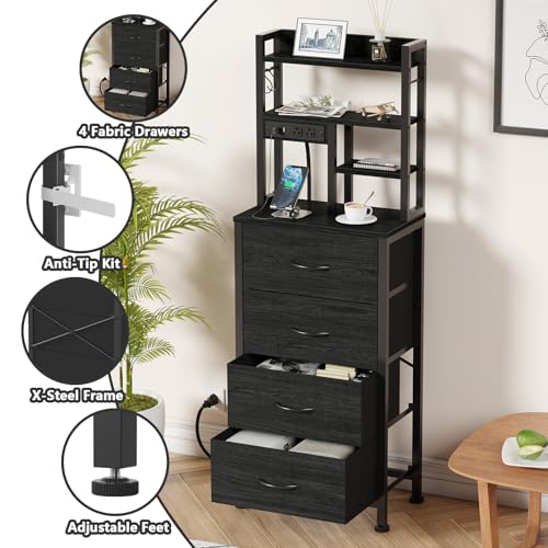 Furnulem Tall Nightstand, LED Night Stand with Charging Station and USB Ports, 4 Fabric Drawers and 4 Tier Storage Shelf, Nightstands Bedside Tables for Bedroom, Dorm, Office (Black Oak) - color: Black Oak, size: 4 Drawer