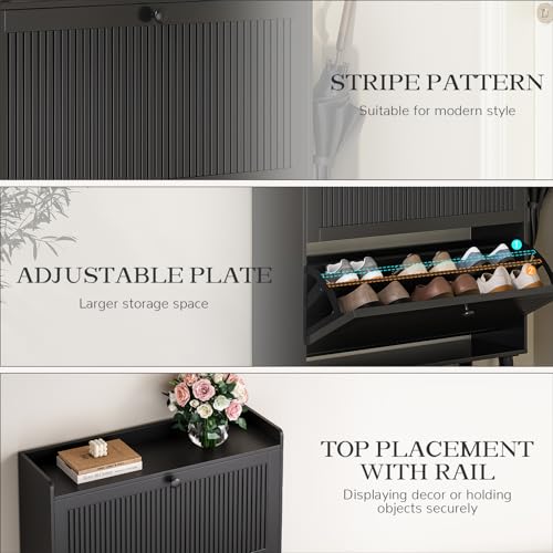 Fluted Shoe Cabinet with 2 Flip Drawers - Shoe Cabinet Storage for Entryway, 31.5" Wide Black Narrow Slim Shoe Rack with 2-Tier Adjustable Shelves for Hallway