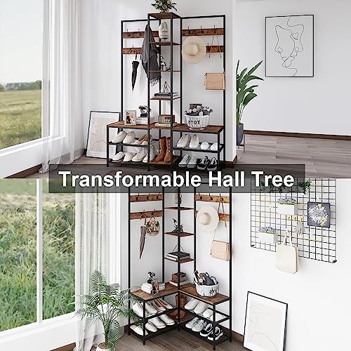 GiftGo Corner Hall Tree with Shoe Rack Storage Bench Display Open Shelves Modern Industrial Entryway Coat Rack Stand for Home Living Room Mudroom Bedroom Multifunctional 5 in 1 (Rustic Brown) - color: Rustic Brown