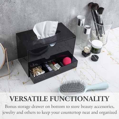 MyGift Premium Black Acrylic Cosmetic Organizer Caddy and Tissue Box Cover with Pull Out Makeup Storage Drawer - Countertop Bathroom Supplies Holder - color: Black