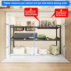 Mustorn Pots and Pans Organizer Under Cabinet, Expandable 2 Tier Under Sink Organizers Storage Adjustable Height Kitchen Pot and Pan Lid Holder Rack with 6 Dividers(4panels,2baskets,1 Pot rack,Black) - size: 4panels &2baskets &1 pot rack-2 Tier