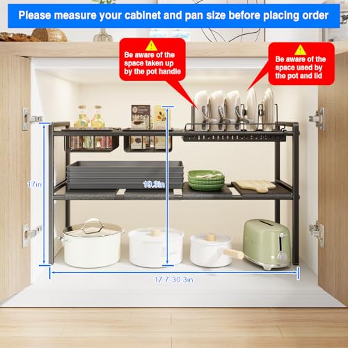 Mustorn Pots and Pans Organizer Under Cabinet, Expandable 2 Tier Under Sink Organizers Storage Adjustable Height Kitchen Pot and Pan Lid Holder Rack with 6 Dividers(4panels,2baskets,1 Pot rack,Black) - size: 4panels &2baskets &1 pot rack-2 Tier