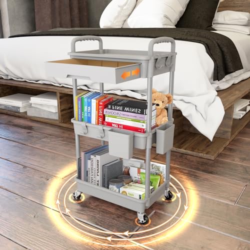 3 Tier Rolling Utility Cart with Drawer,REBECAT Utility Cart Made of Multifunctional Storage Organizer Tool for Kitchen,Bathroom,Living Room,Office(Gray) - color: Gery